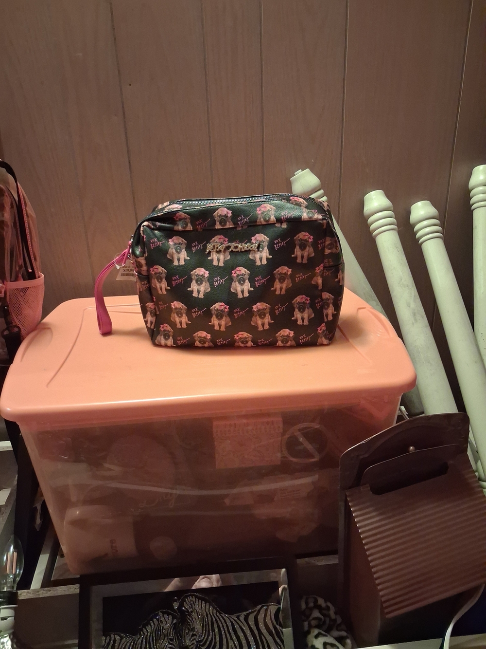 Betsey Johnson Black Cosmetic Bag with Dog Print and Pink Wrist Strap. NWT